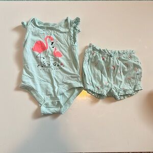 Baby Gap 18-24M onesie and shorts matching set light teal with pink flamingos!